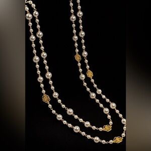 Long Cascading Gold & Pearl Necklace